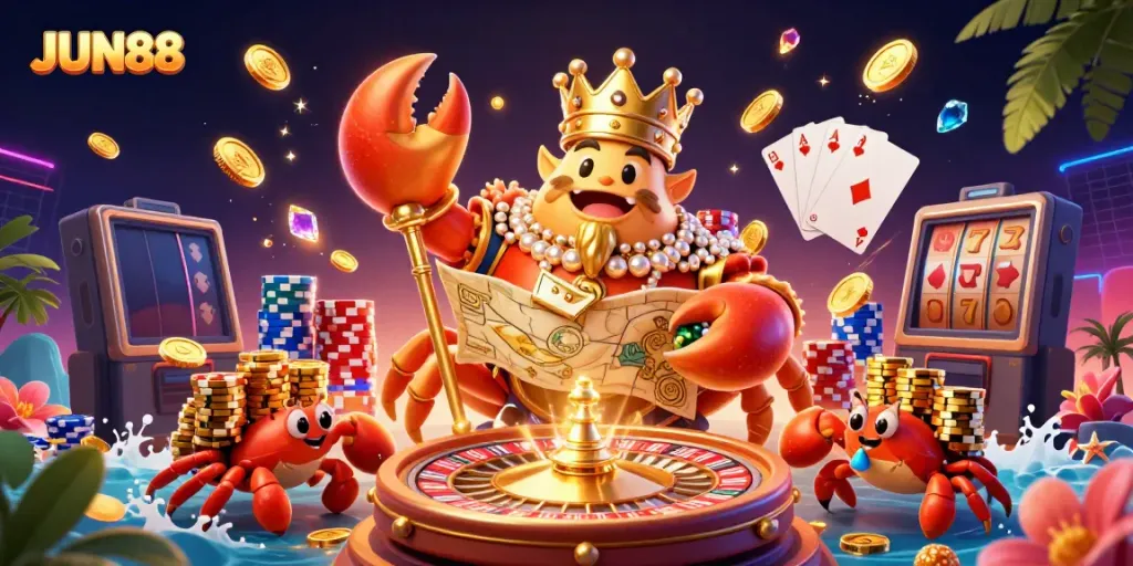 Experience the thrilling world of JUN88 with our vibrant 3D crab emperor and casino elements.
