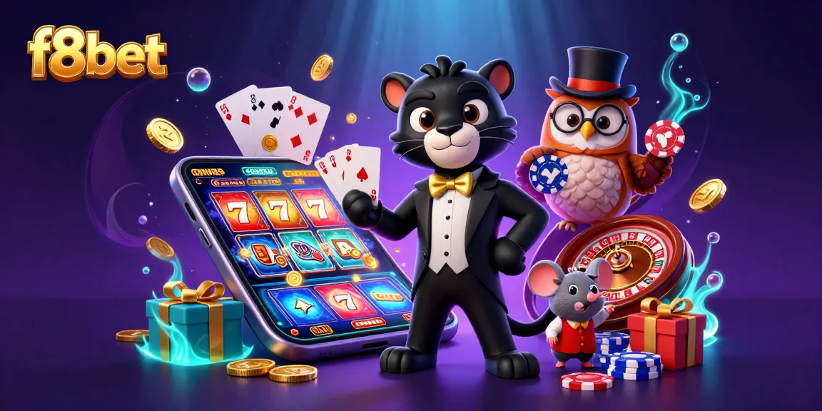 Engage in fun with f8bet as the panther deals cards surrounded by vibrant gaming elements.