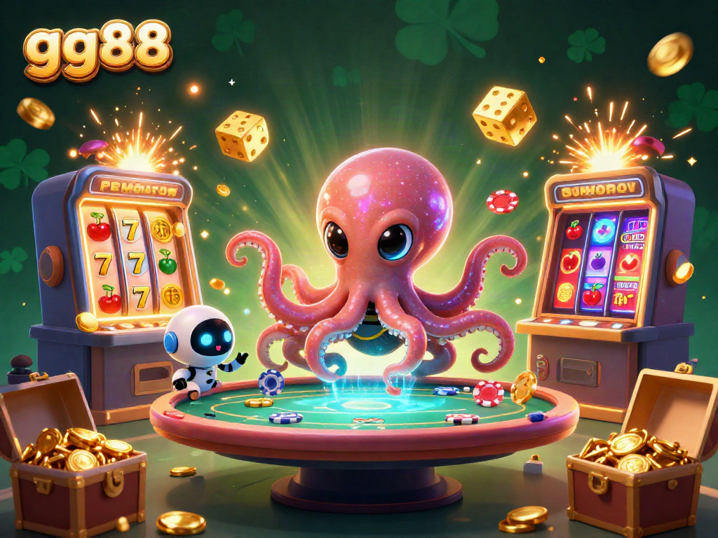 Experience the thrill of gg88 with a vibrant 3D alien octopus at a cosmic poker table.