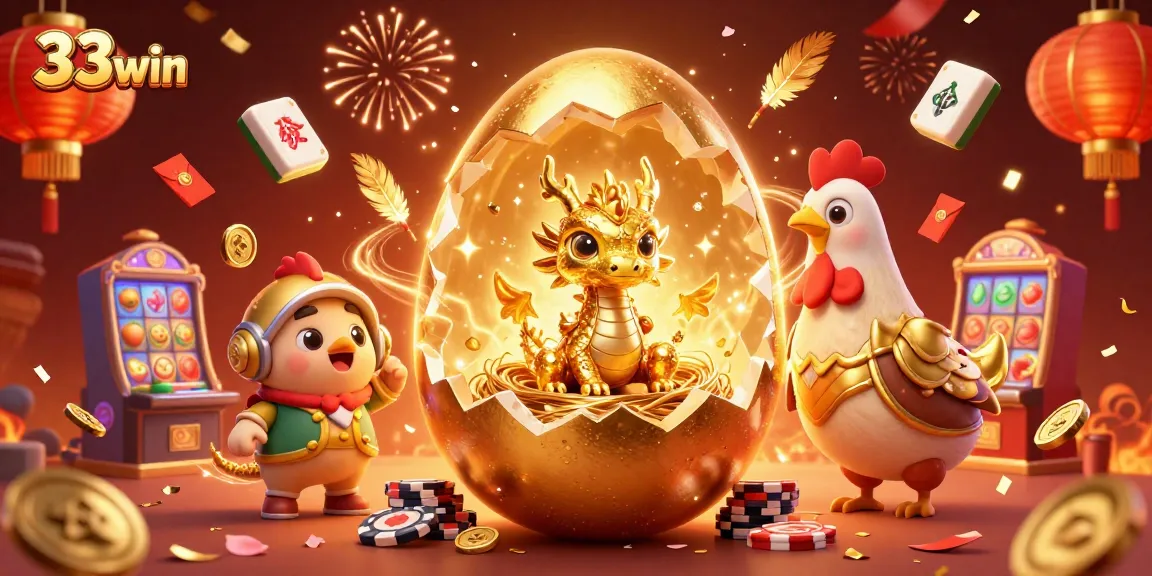 Experience the thrill of 33win with a golden dragon and poker chips amidst vibrant casino elements.