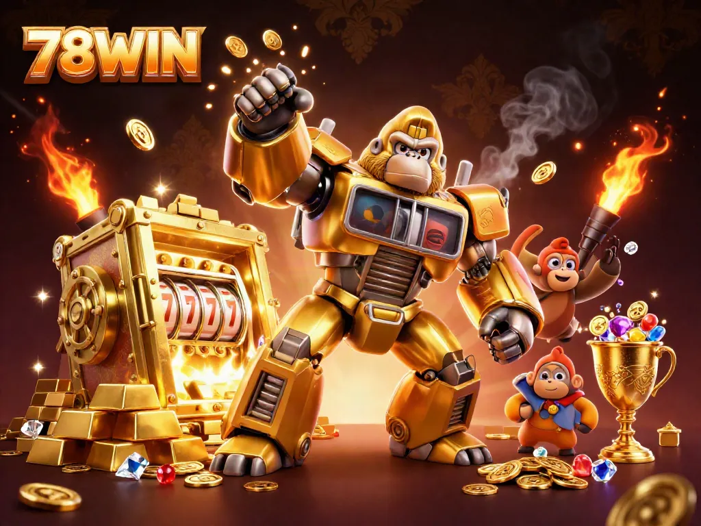 Experience the excitement of 78WIN with a golden gorilla mech amidst riches and vibrant casino elements.