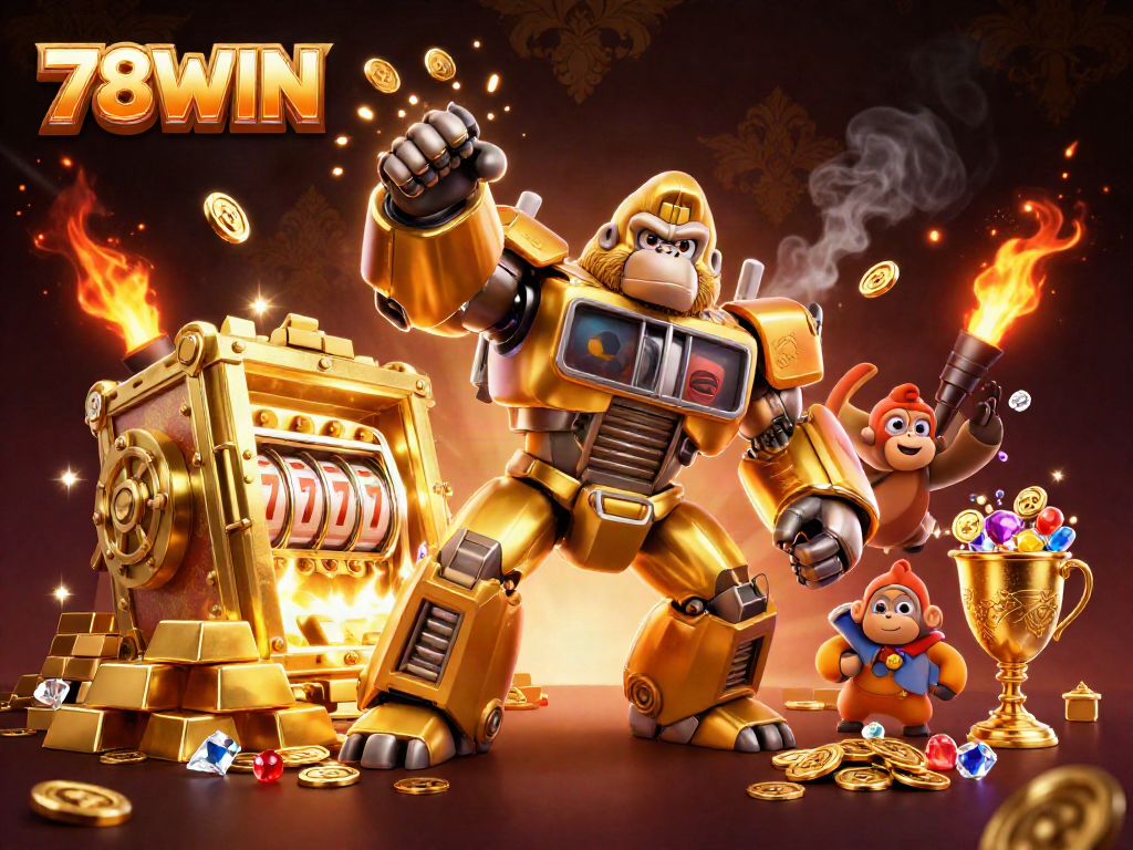 Experience the excitement of 78WIN with a golden gorilla mech amidst riches and vibrant casino elements.