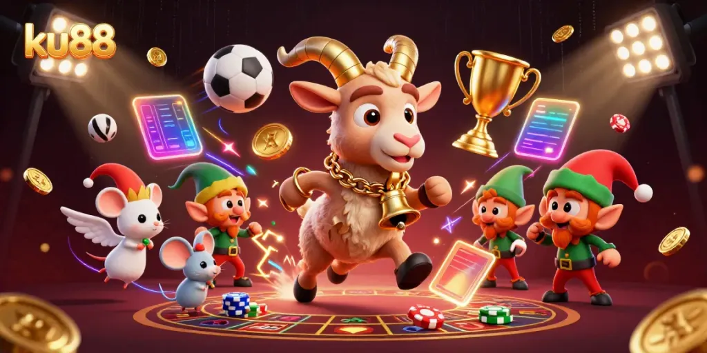 Engage with ku88's dynamic holiday-horror casino featuring festive characters in a vibrant scene.