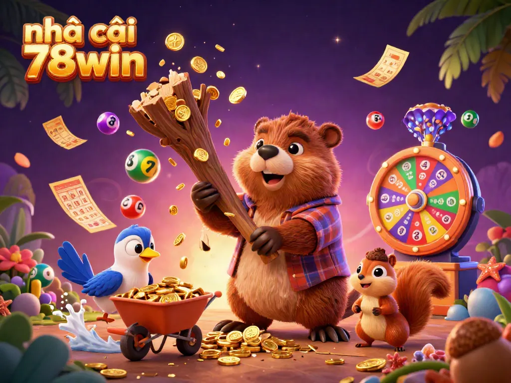 Experience the excitement of nhà cái 78win with vibrant casino-themed characters collecting coins and lottery balls.