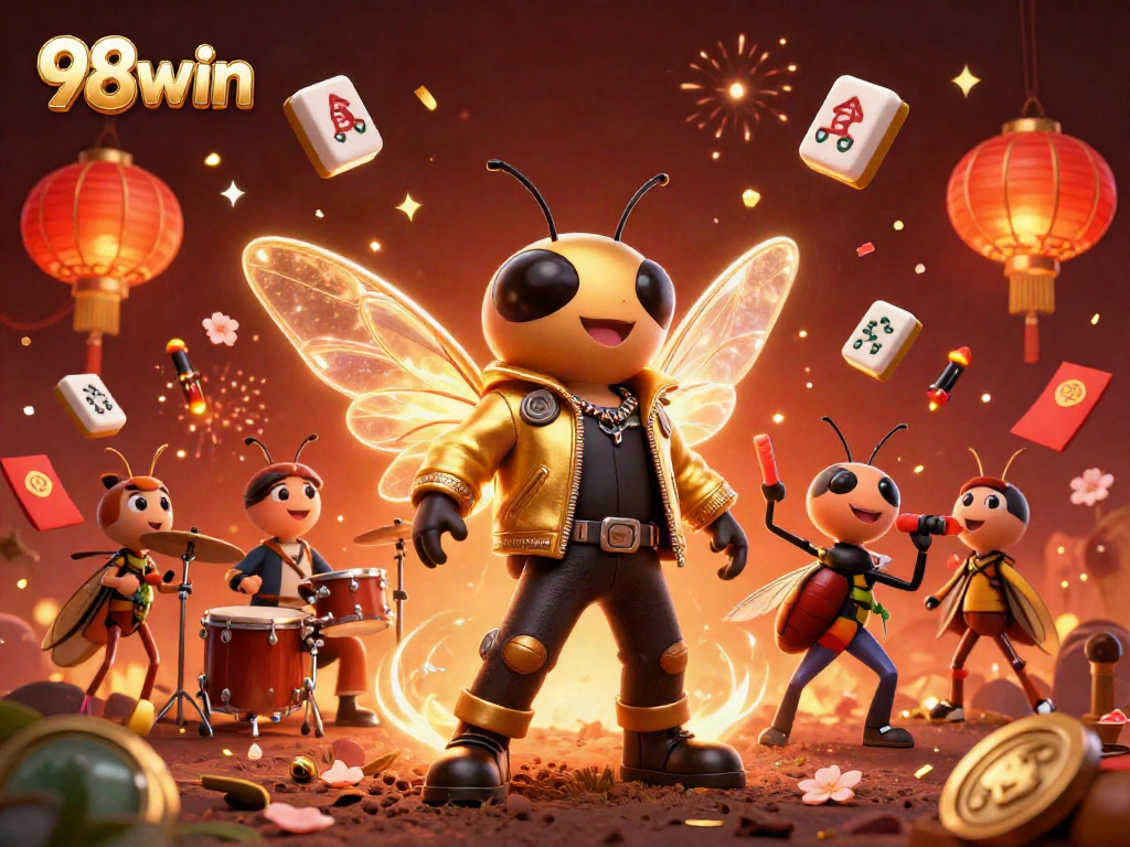 Experience the excitement of 98win with a vibrant 3D casino illustration featuring lively characters and gambling elements.
