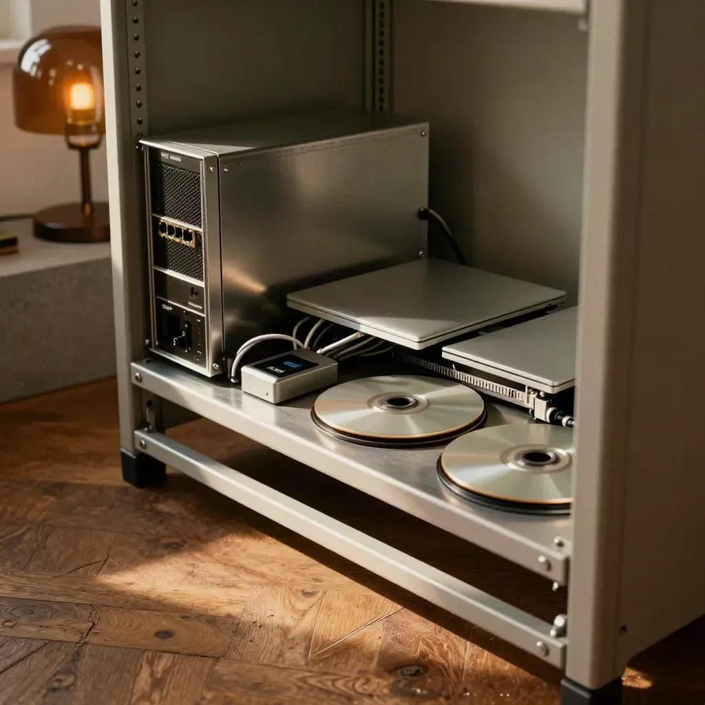 Server, laptop and token dock on a comms shelf in a warm vulnerability audit scene.