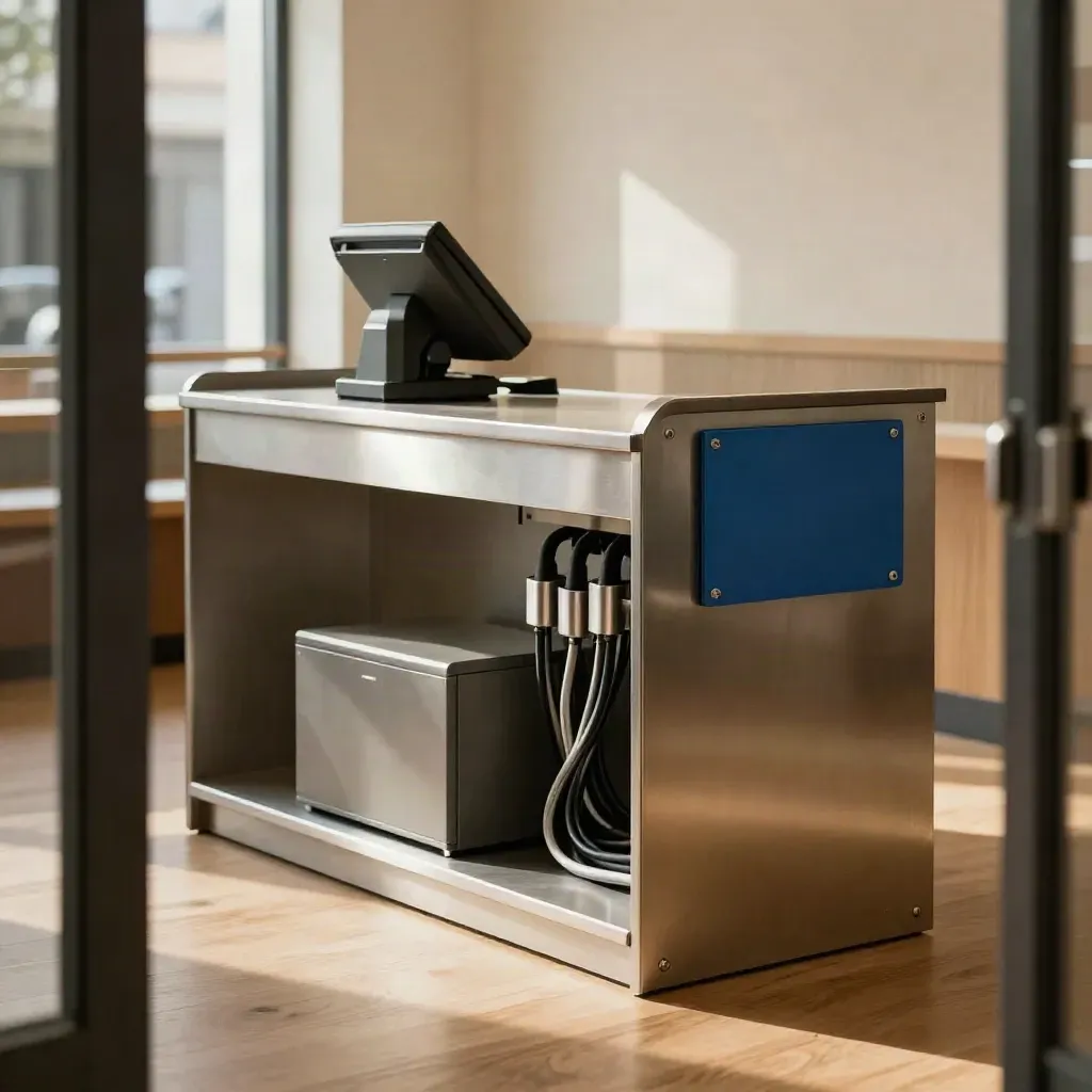 Hardened checkout bay with locked network box, routed cables and sealed payment terminal
