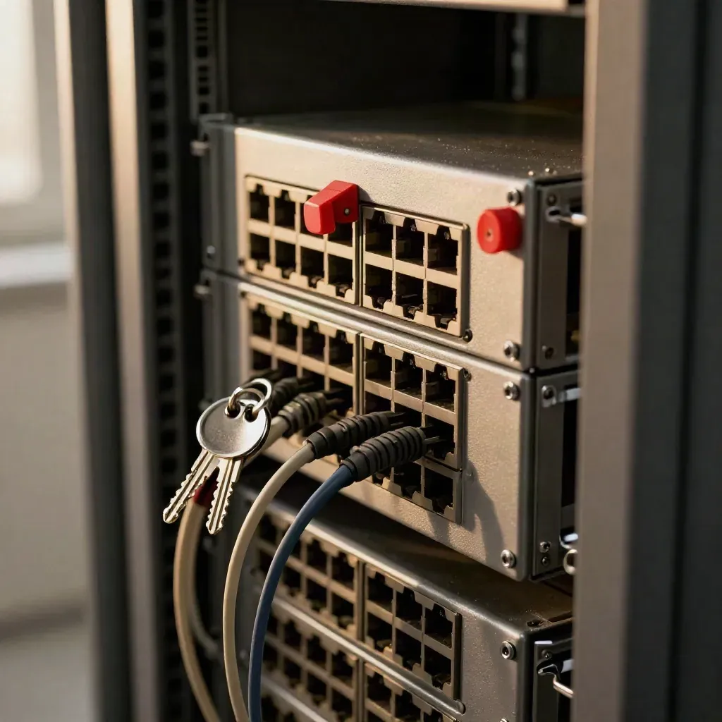 Locked firewall modules and patch leads inside a server cabinet, seen from slightly above with warm daylight.