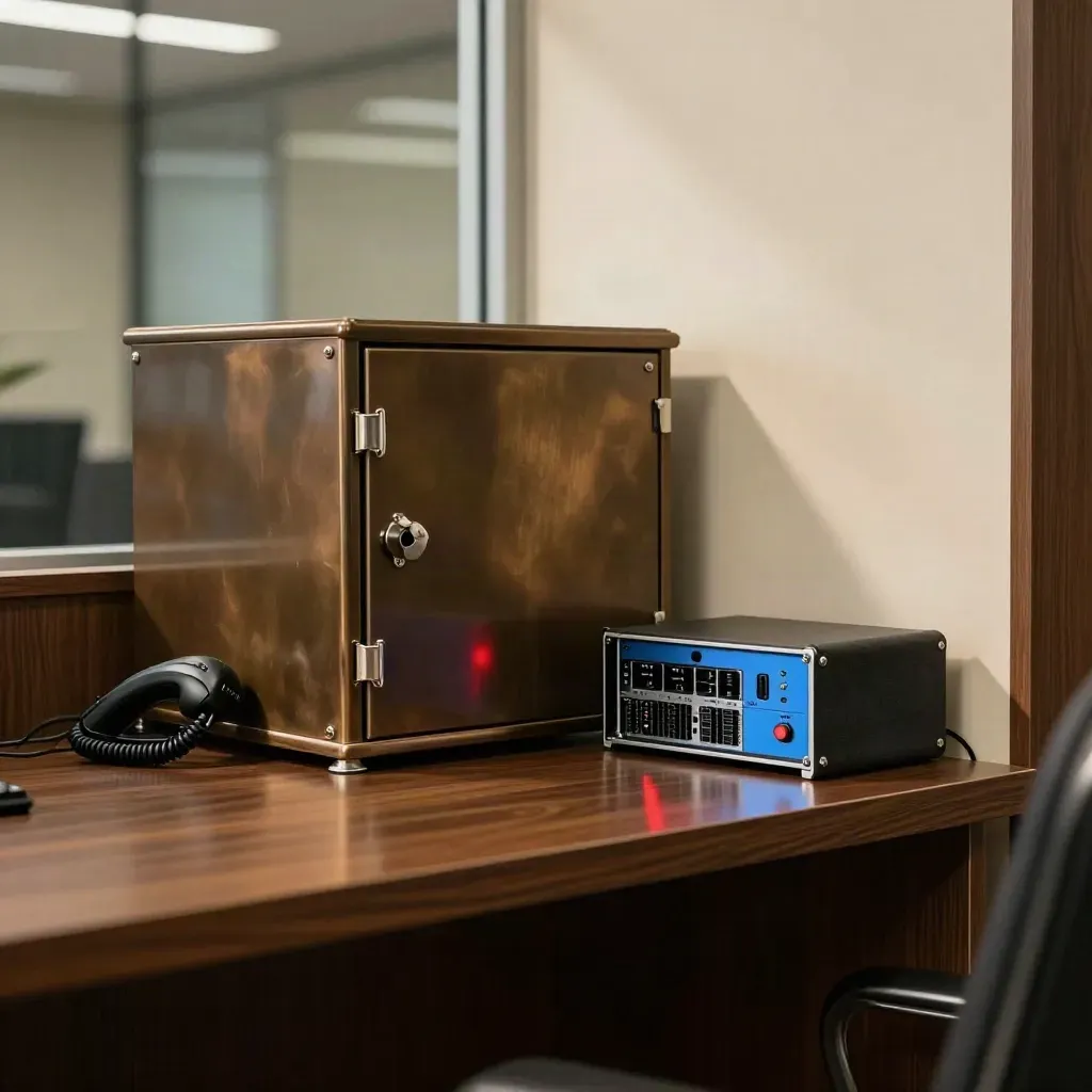 Secure office cabinet with handset, backup drive and firewall module, warm light, ready state