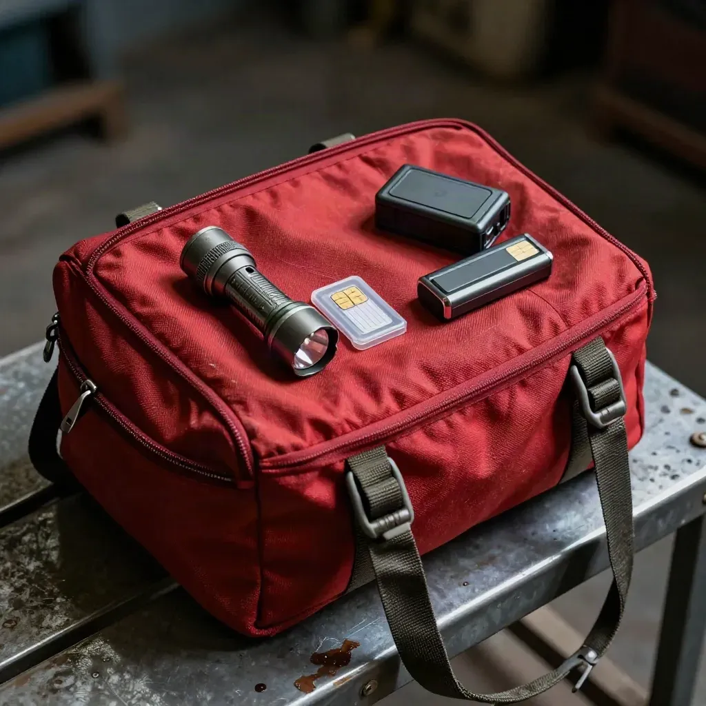 Red incident-response go-bag, flashlight, SIM case and battery pack on a steel bench.