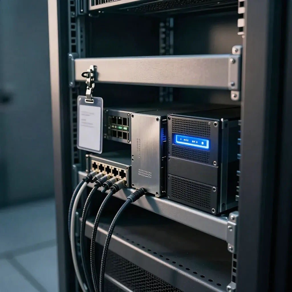 Secure server rack with patched ports, backup SSD and glowing firewall in moody light.