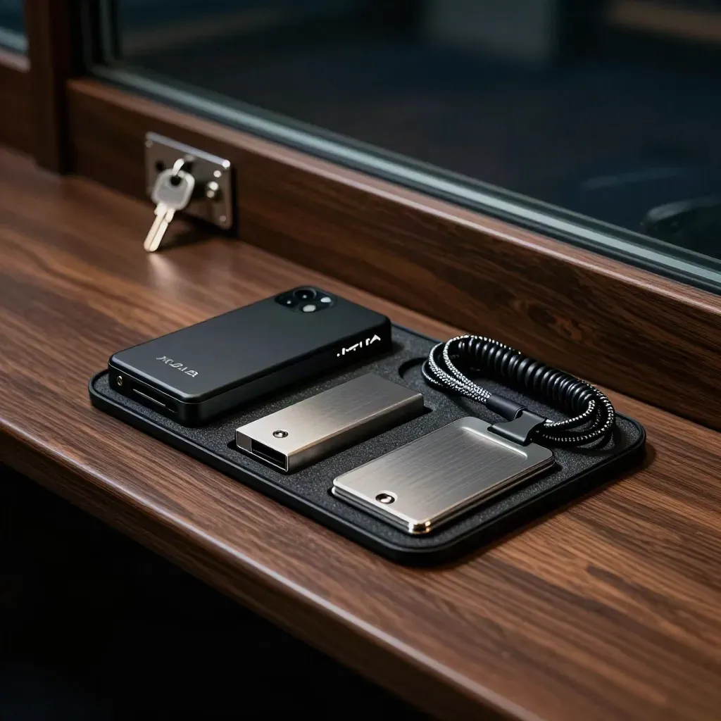 Security consultant kit with hardware MFA keys, encrypted drive and card holder on a dark surface.