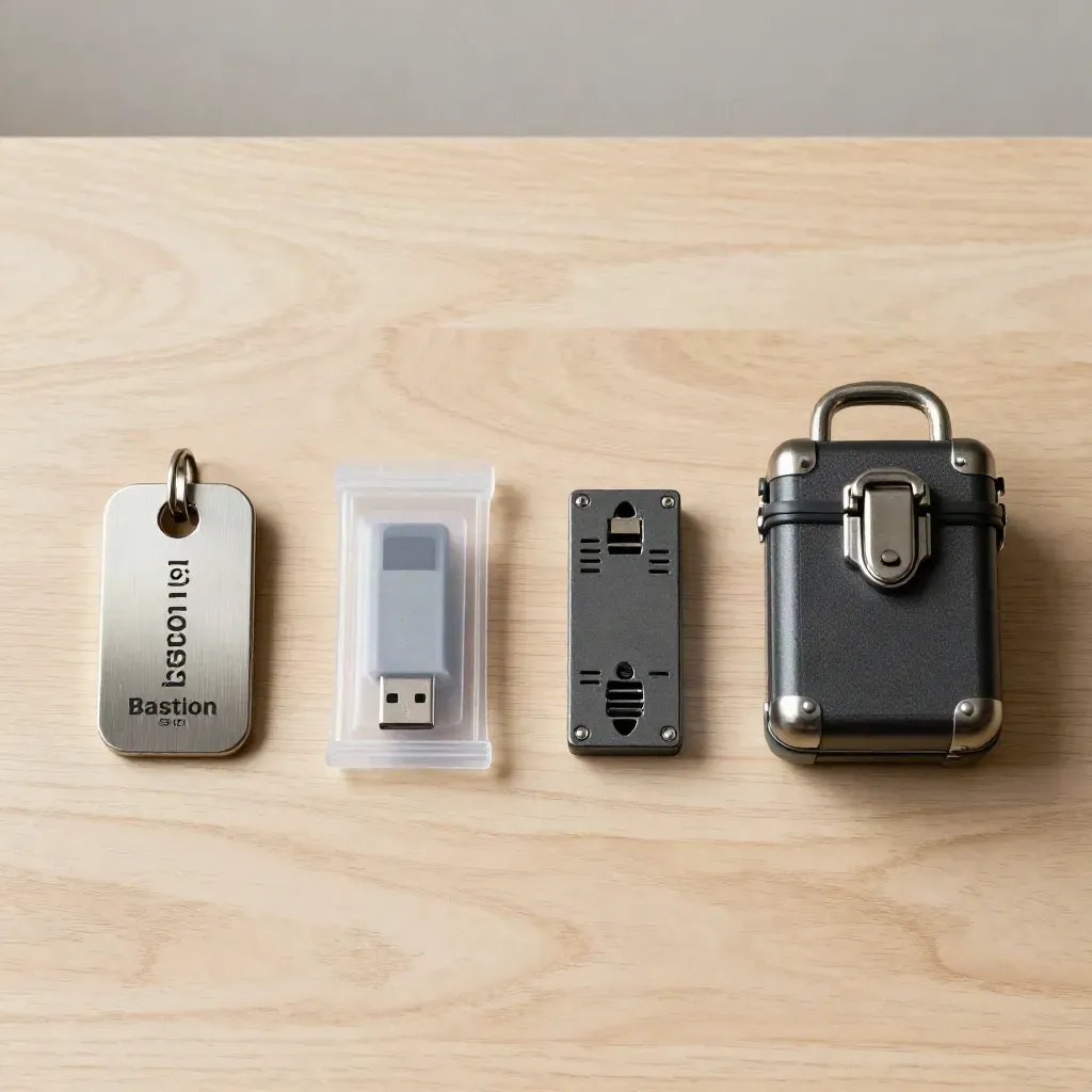 Overhead still life of access token, sealed USB key, switch module and lockable case on pale wood