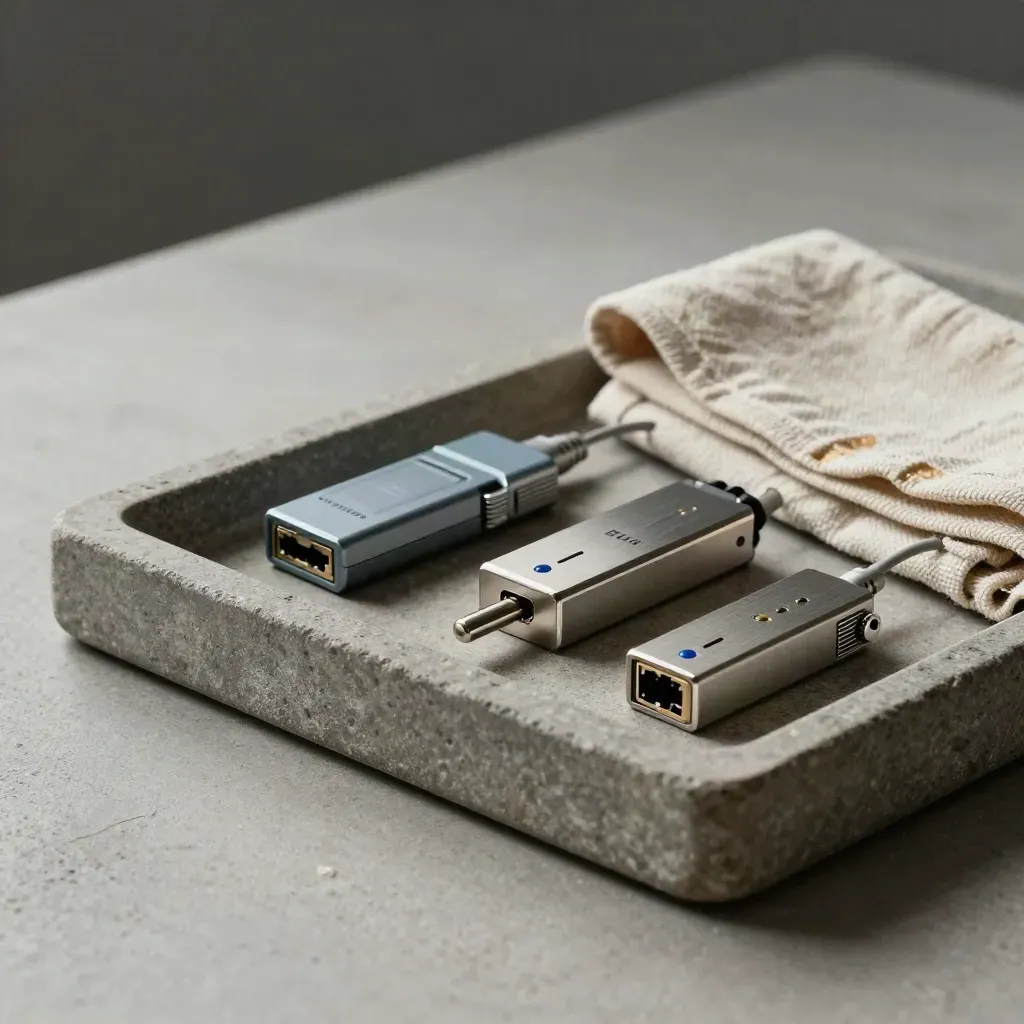 Network tap, diagnostic dongle and port tester in a stone tray with soft blue glow.