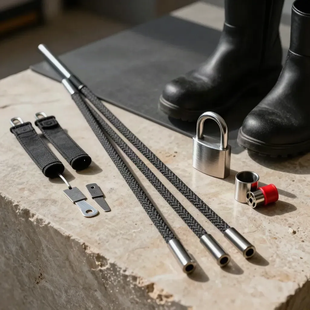 Patch leads, port blockers and a padlock shackle on stone, softly lit in a cyber security still life.