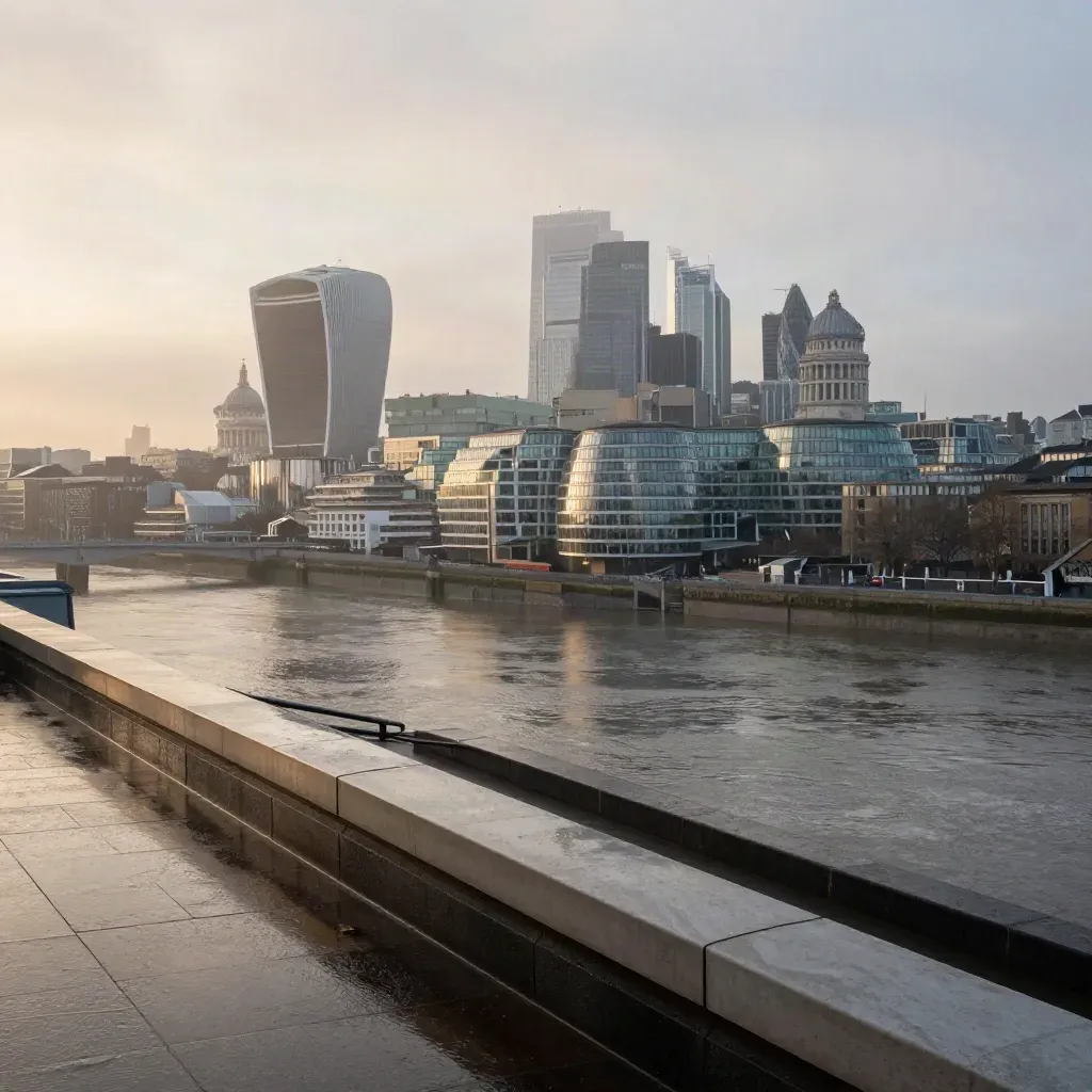 London skyline and Thames at dawn from a rooftop, with misty river reflections.