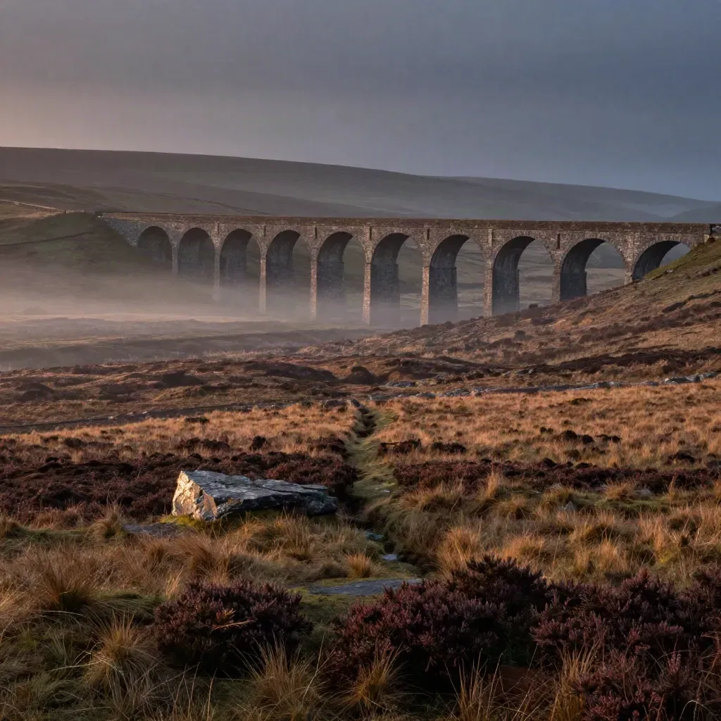 Golden dusk moorland with a stone viaduct high in frame and open misty space below.