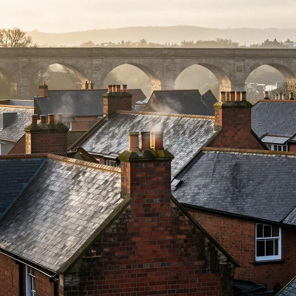 Wet Manchester roofs, stone viaduct and distant ridge in warm evening haze.