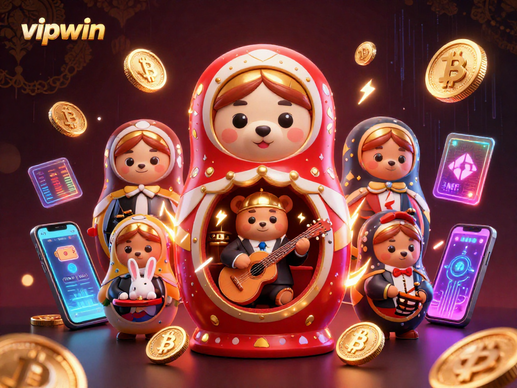 Win big with vipwin at the exciting casino scene featuring unique characters and vibrant crypto elements.