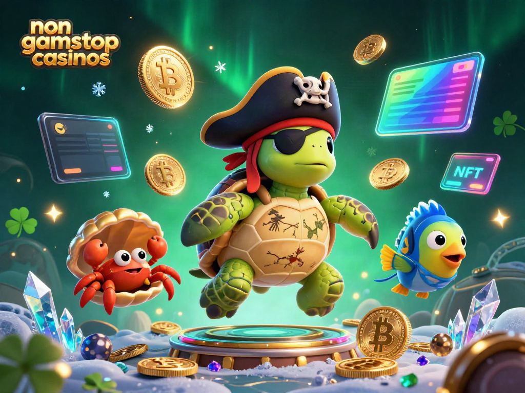 Explore non gamstop casinos with a vibrant scene featuring a pirate turtle, treasure, and crypto elements.