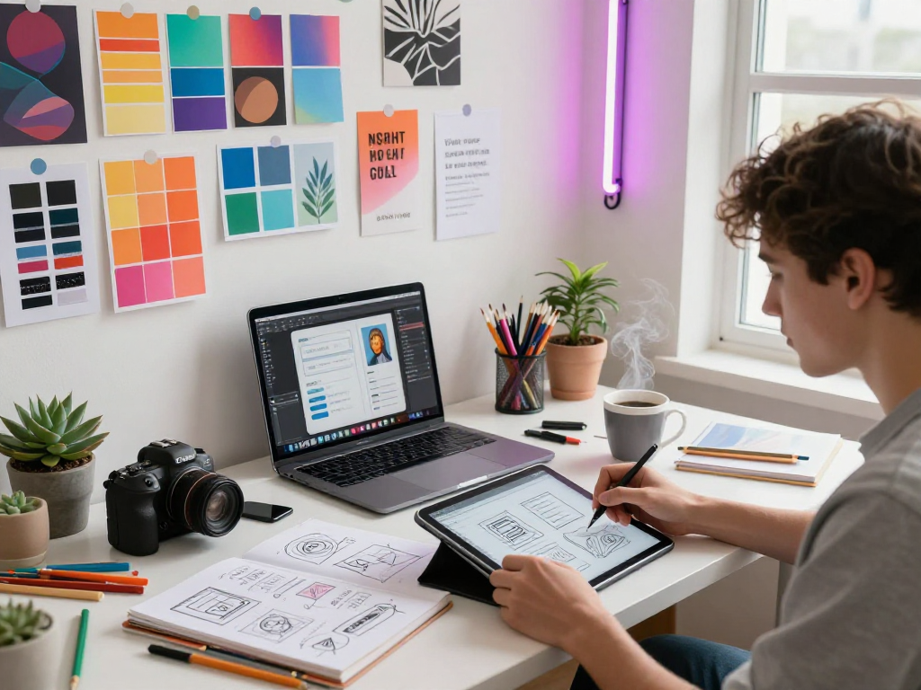 Creative workspace featuring a young designer developing NSFW AI chat concepts, with lively art supplies and ambient lighting.