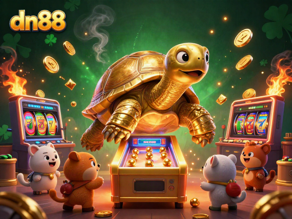 Engage with the exciting features of dn88, showcasing a vibrant scene of a golden tortoise pinball experience amidst dynamic slot game elements.