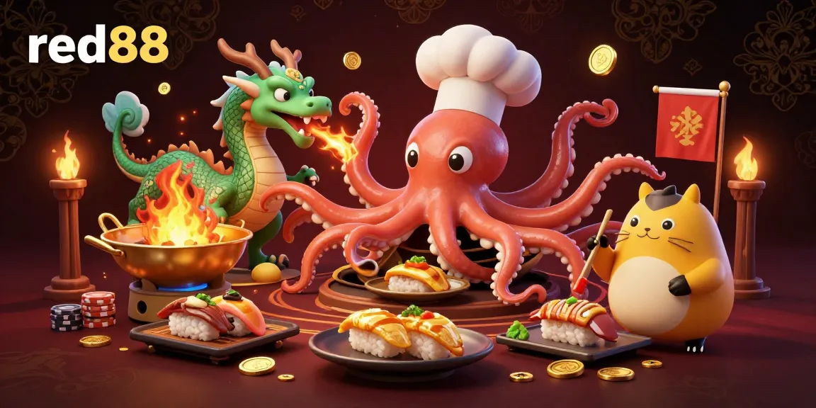Experience the excitement of red88 with dynamic gambling elements and characters in this vibrant 3D illustration.