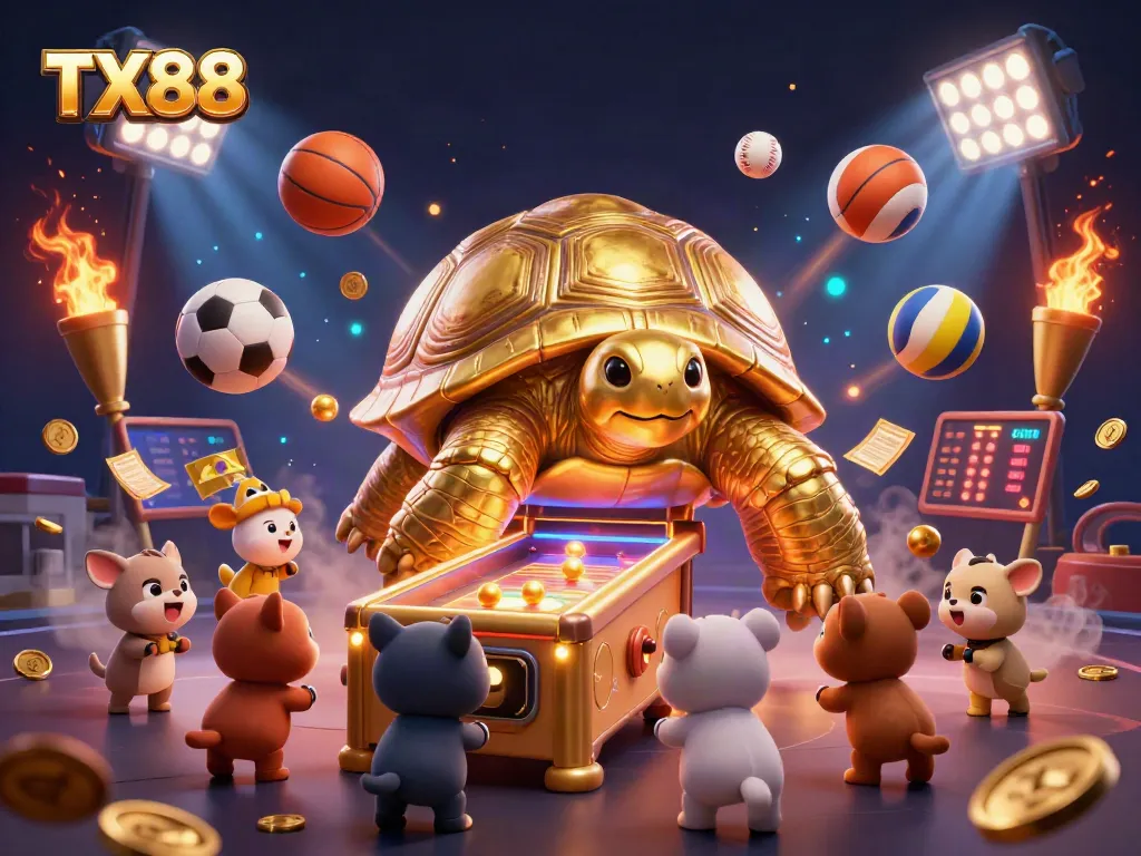 Experience thrills with TX88’s dynamic gambling scene featuring a golden tortoise pinball machine.