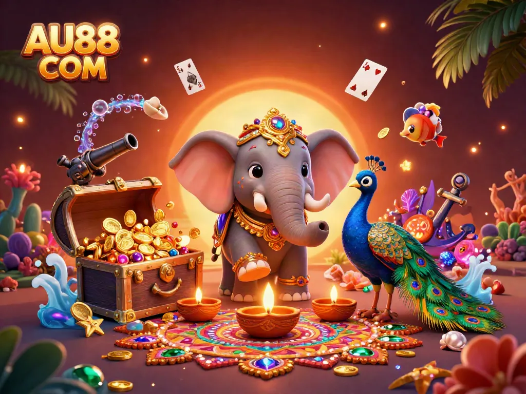 Immerse in the casino action with AU88 COM, featuring vibrant elephant, peacock, and gaming treasures.