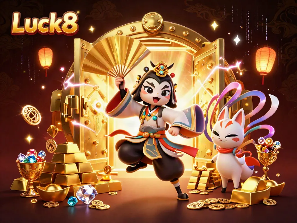 Immersive Luck8 casino scene with kabuki warrior and treasure elements, revealing vibrant gaming excitement.