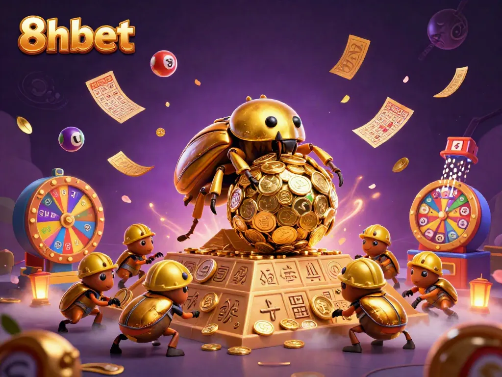 Experience action-packed gambling excitement with 8xbet's dynamic scene of golden beetles rolling coins and lottery elements.