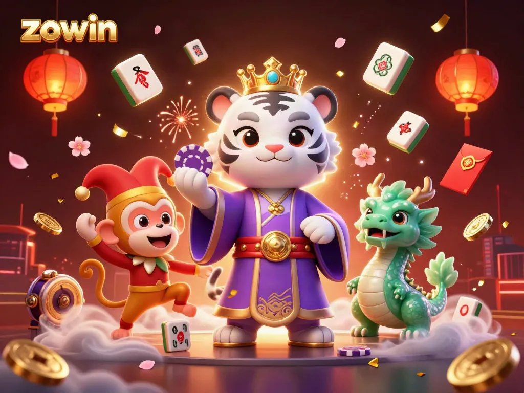 Zowin-themed scene depicting a regal white tiger, playful monkey, and jade dragon at a lively casino
