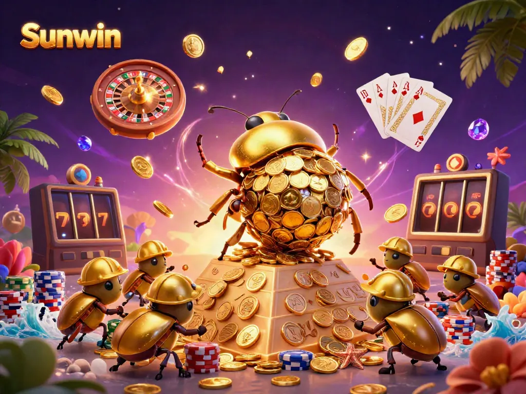 Engage in the excitement of Sunwin with golden coins and dynamic casino elements in a vibrant 3D scene.