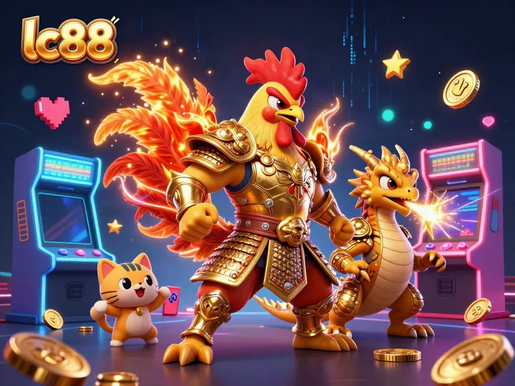 Experience thrilling gaming at lc88 with a dynamic scene featuring a rooster warrior and dragon in a vibrant casino.