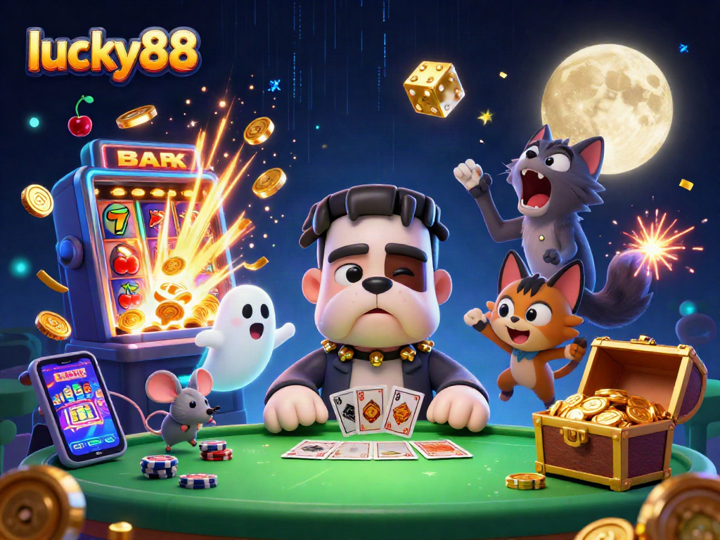 Experience the thrilling lucky88 atmosphere with a lively 3D illustration of casino characters and games.