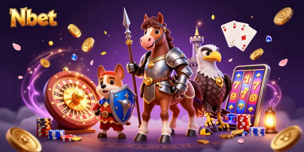 Nbet players enjoy a vibrant online casino scene filled with cascading coins, roulette wheel and glowing poker elements.