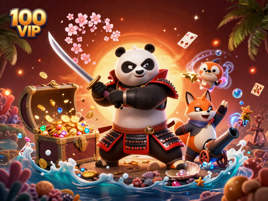 Bets with 100 VIP alongside cartoon samurai panda and ninja fox in an exciting underwater casino.