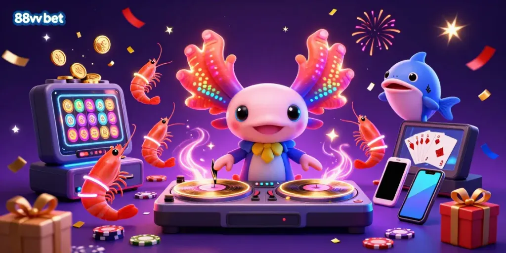 Engage with the vibrant 88vv bet scene, showcasing a neon axolotl DJ and lively gaming elements.