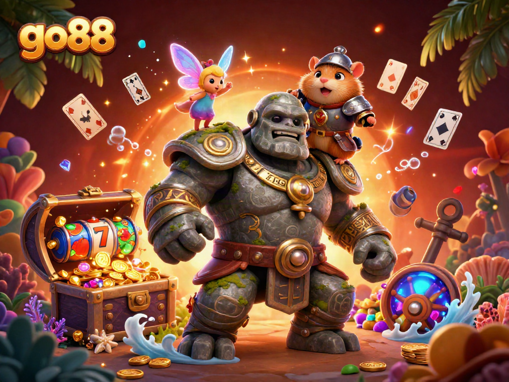 Experience the thrilling gaming action at go88 with animated characters and vibrant slot elements in this dynamic illustration.