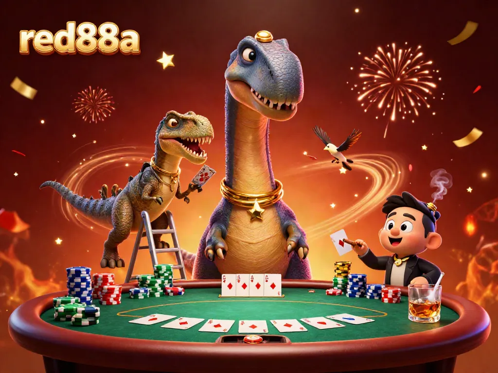 Experience thrilling poker action with red88a in this vibrant casino scene featuring a brontosaurus and raptor.