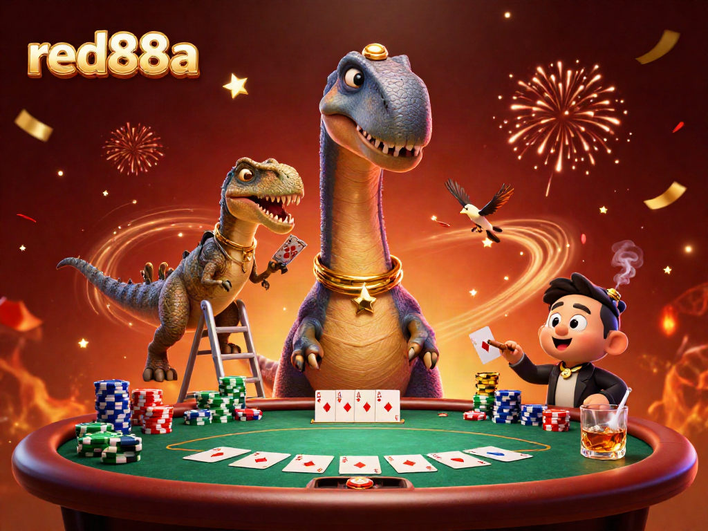 Experience thrilling poker action with red88a in this vibrant casino scene featuring a brontosaurus and raptor.