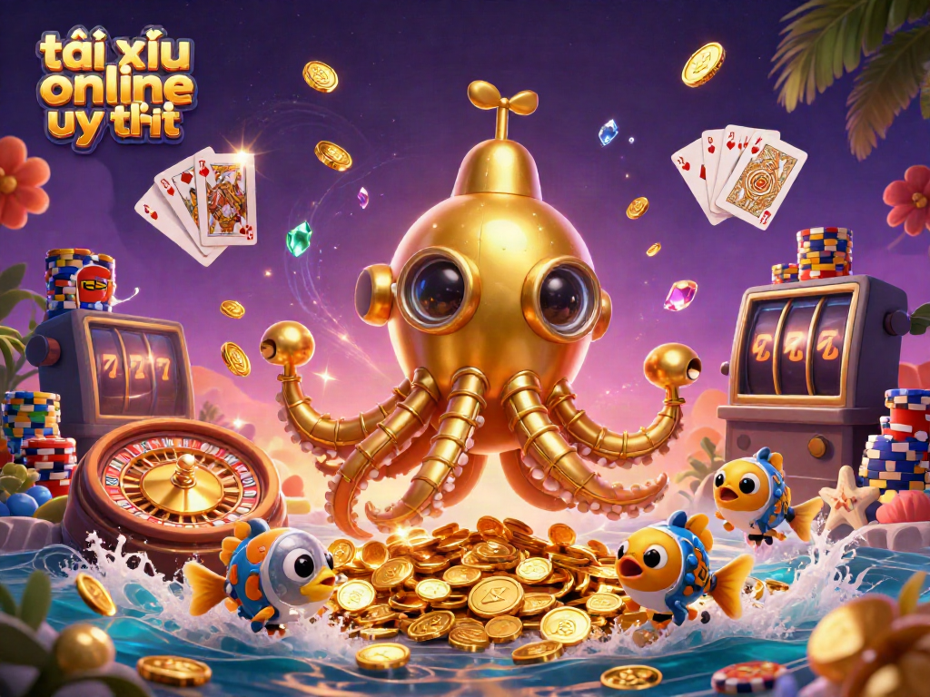 Engage in tài xỉu online uy tín with vibrant visuals showcasing a golden kraken submarine amid a treasure-filled scene.