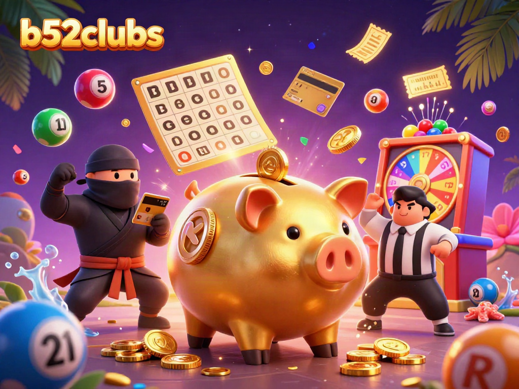 Experience thrilling gaming excitement with b52clubs featuring vibrant characters, golden tickets, and lottery elements.