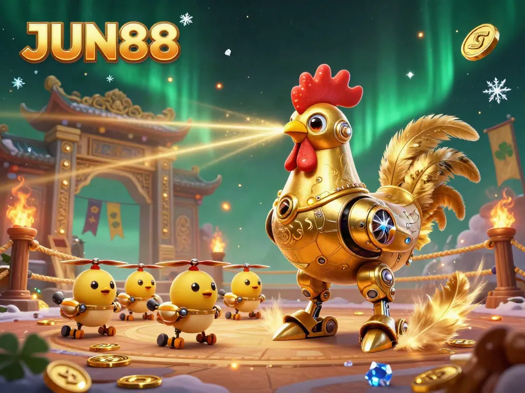 Experience thrilling moments at JUN88 with a dynamic casino scene featuring a golden rooster robot and baby chick drones.