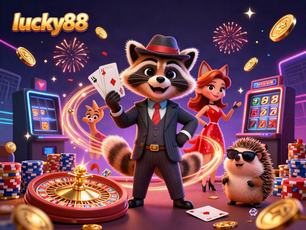 Experience the excitement of lucky88 with a suave raccoon, a charming fox, and a hedgehog surrounded by casino elements.