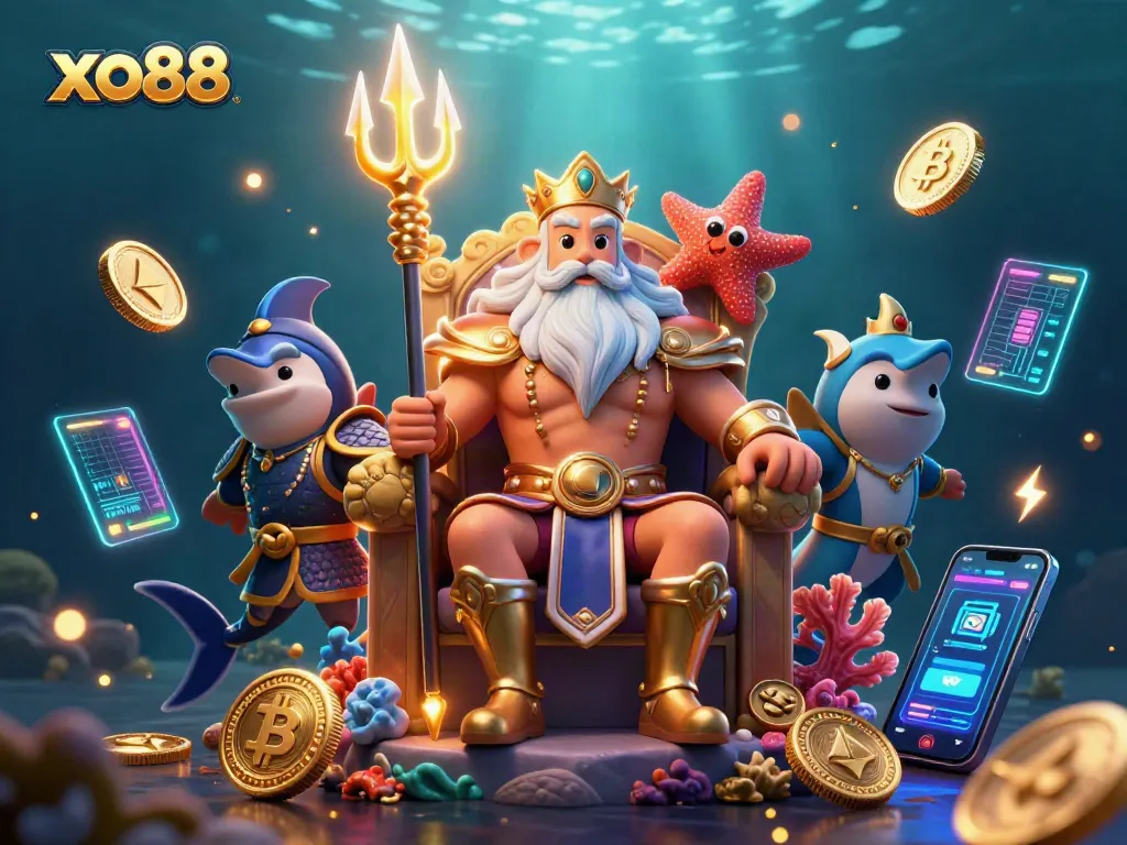 The king Neptune from xo88 rules the undersea casino world, surrounded by digital currencies and gaming elements.