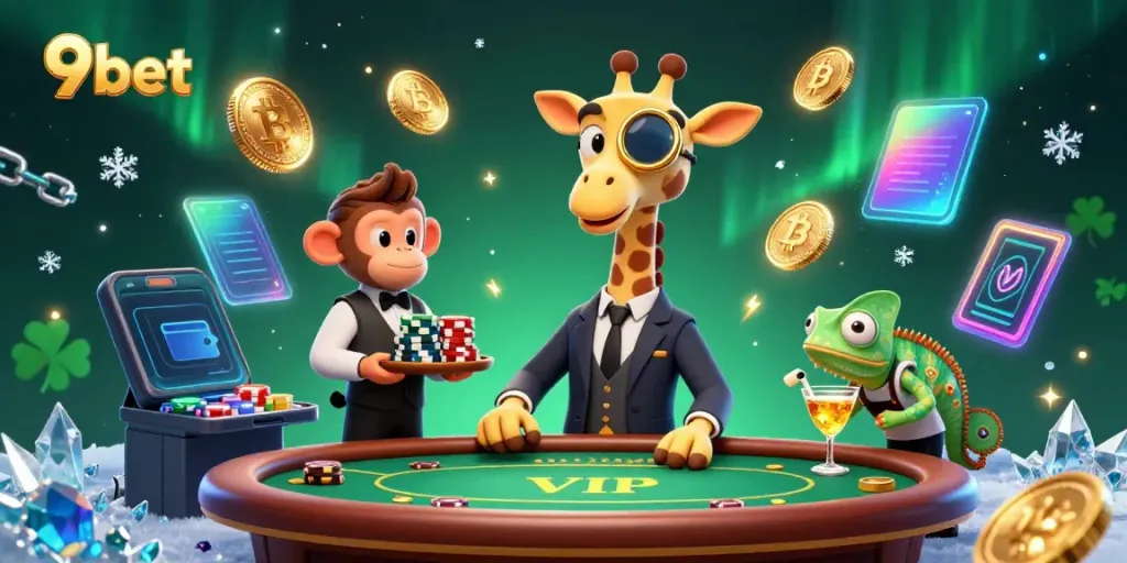 Play and win big at 9bet with this vibrant illustration of a high-roller gambling scene.