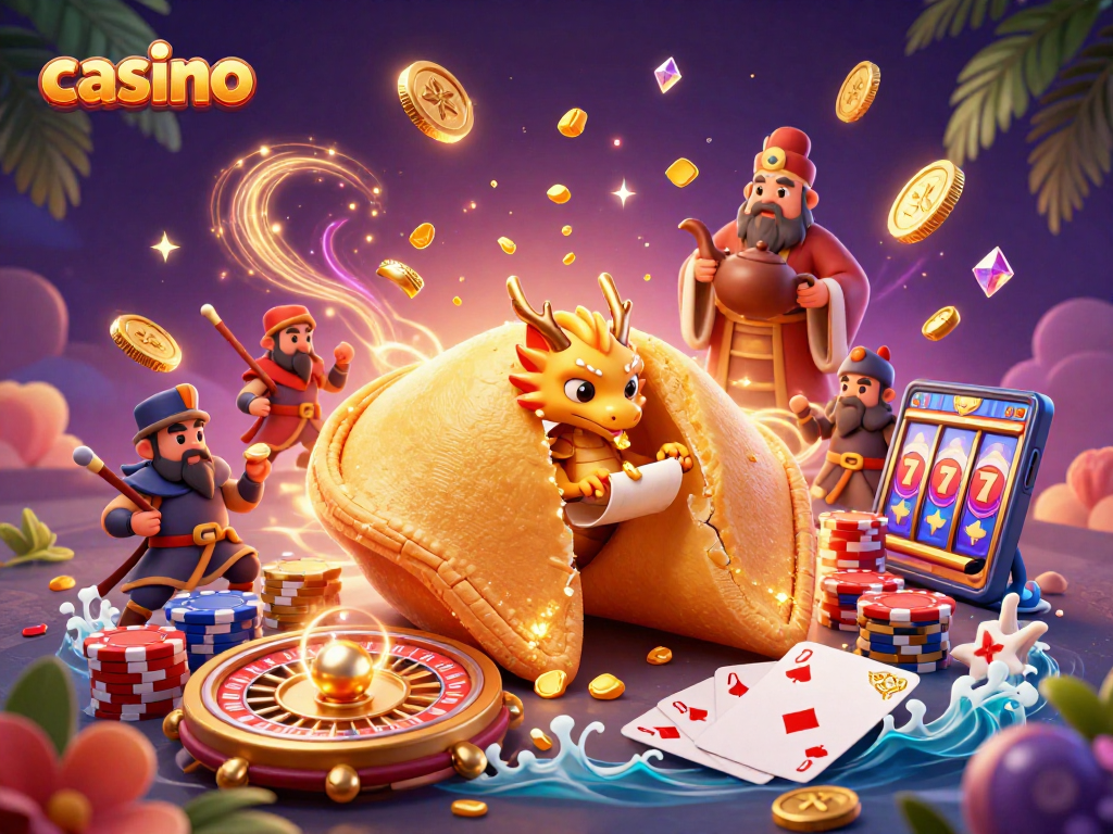 Cascade of golden coins in a vibrant casino scene featuring a fortune cookie and wise dragon.