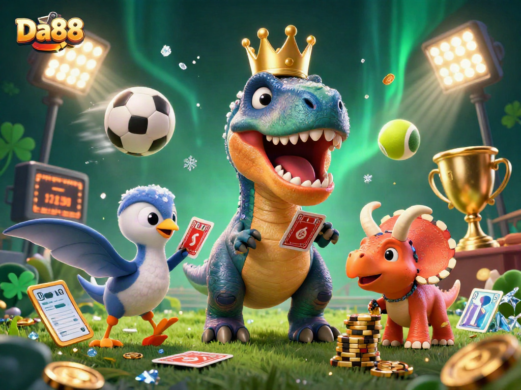 Da88 casino illustration featuring a T-Rex card dealer and friends betting sports