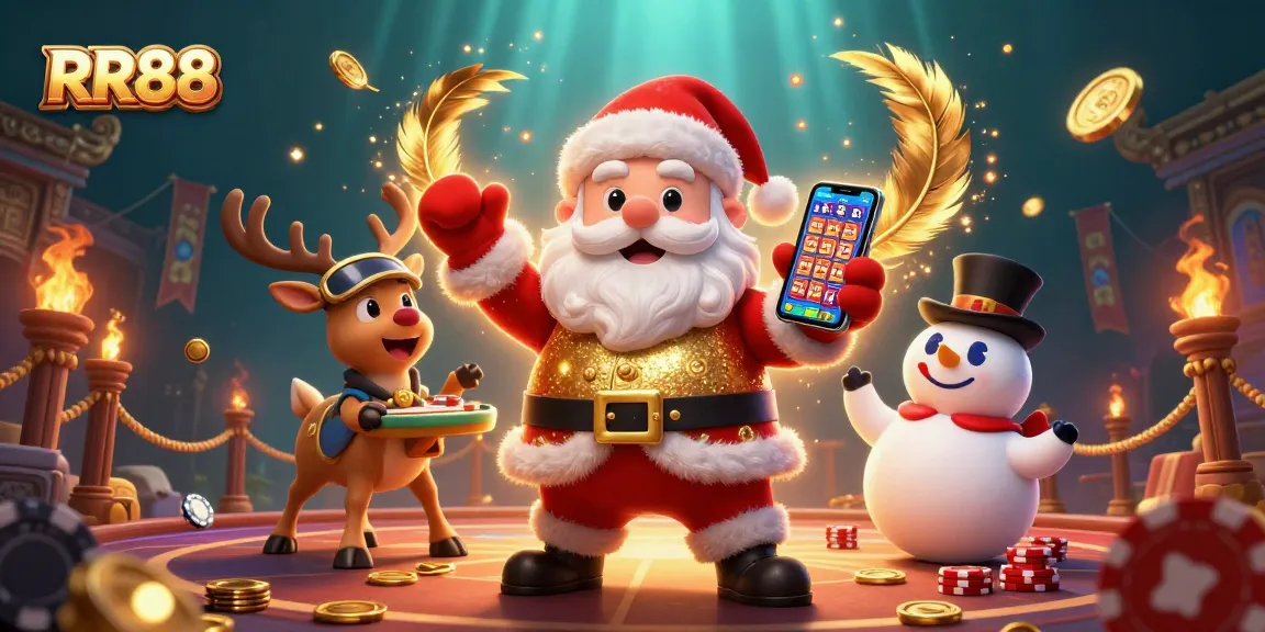 Experience exciting jackpots with RR88 in a vibrant casino scene featuring a cartoon Santa and festive characters.